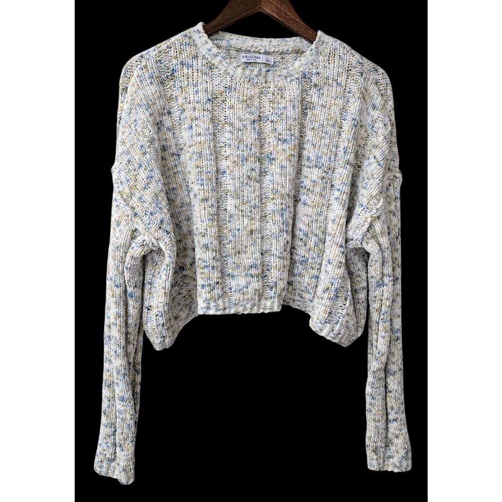 Arizona Jean Co Pullover Crew Neck White Blue Speckle Crop Sweater Women Large